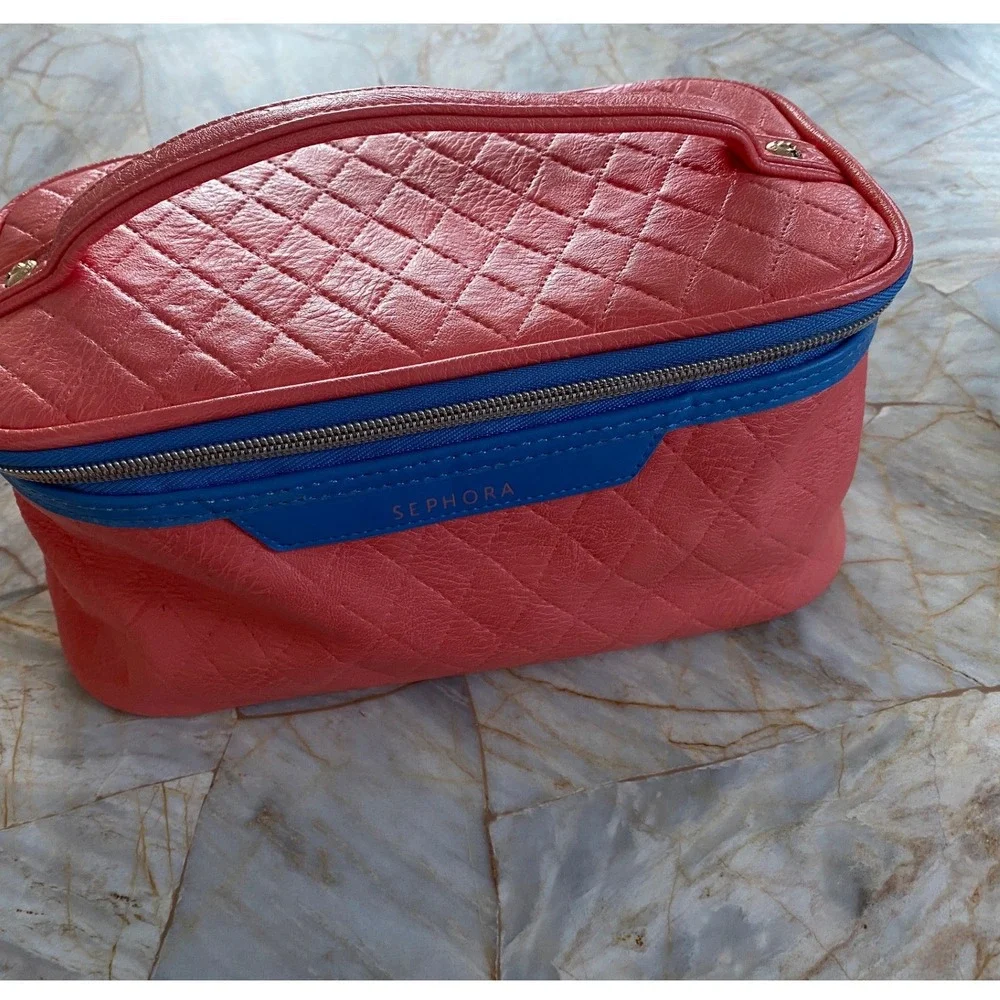 Sephora Quilted Makeup Bag Coral Pink Blue Trim Zippered Travel Train Case